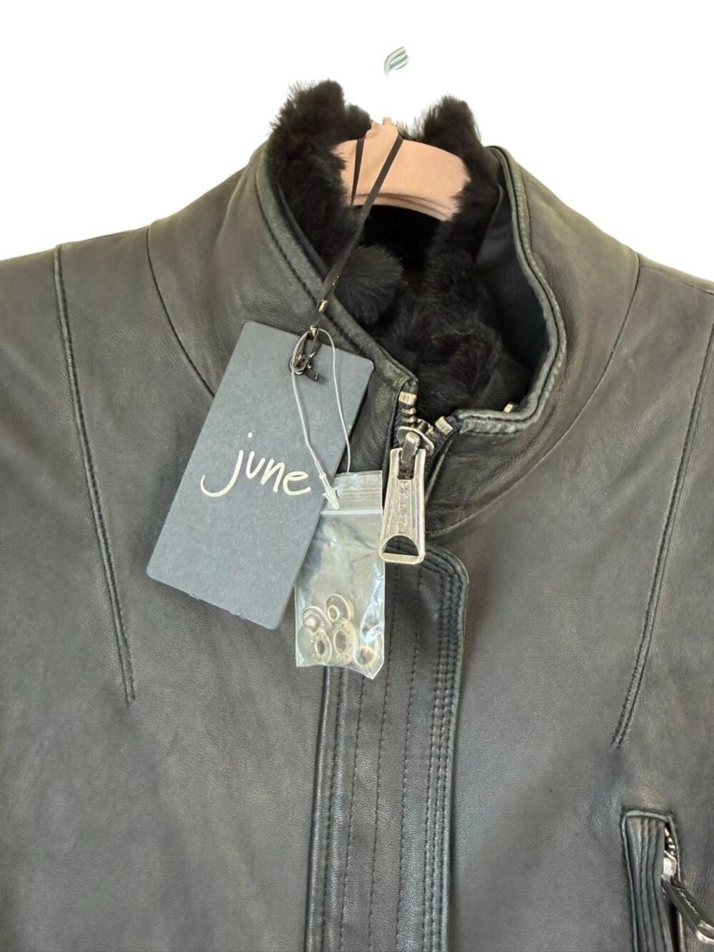 June Black Leather Jacket, Real Rabbit Fur Size Small - Picture 5 of 16